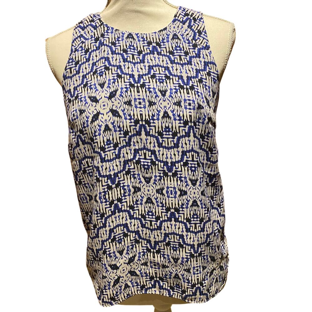 Cynthia Rowley Size XS sleeveless blouse Geometric Print Blue Black White Office